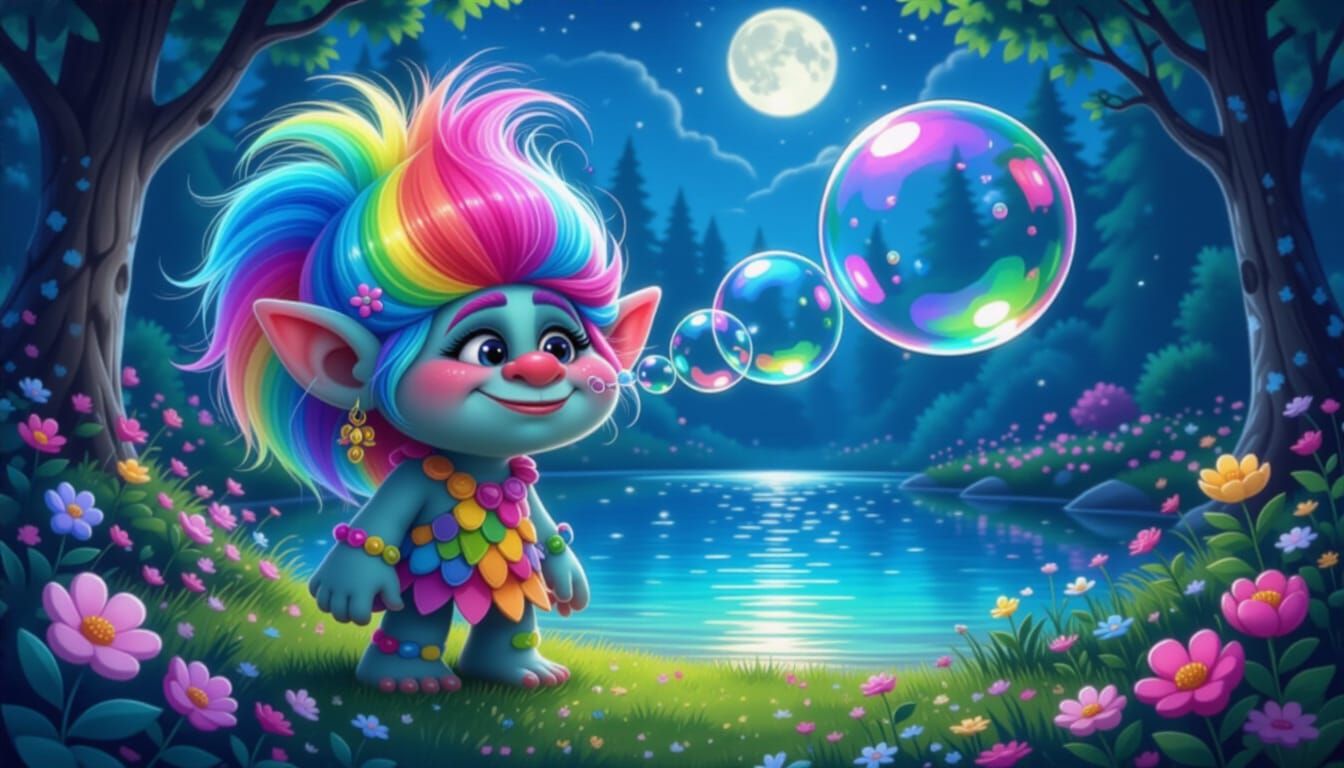 Rainbow Troll Blowing Bubbles in Candyland Art Style