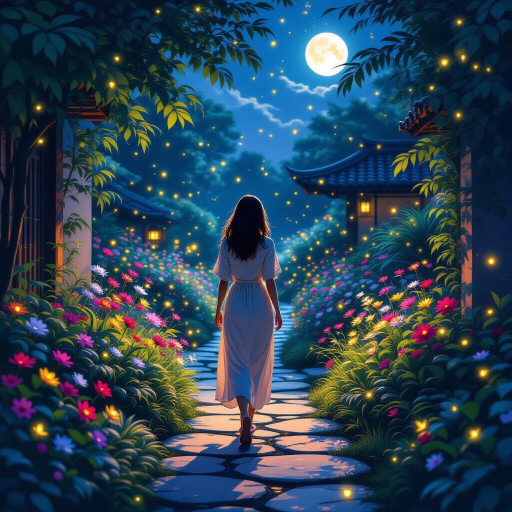 Peaceful Woman in Firefly Garden at Midnight