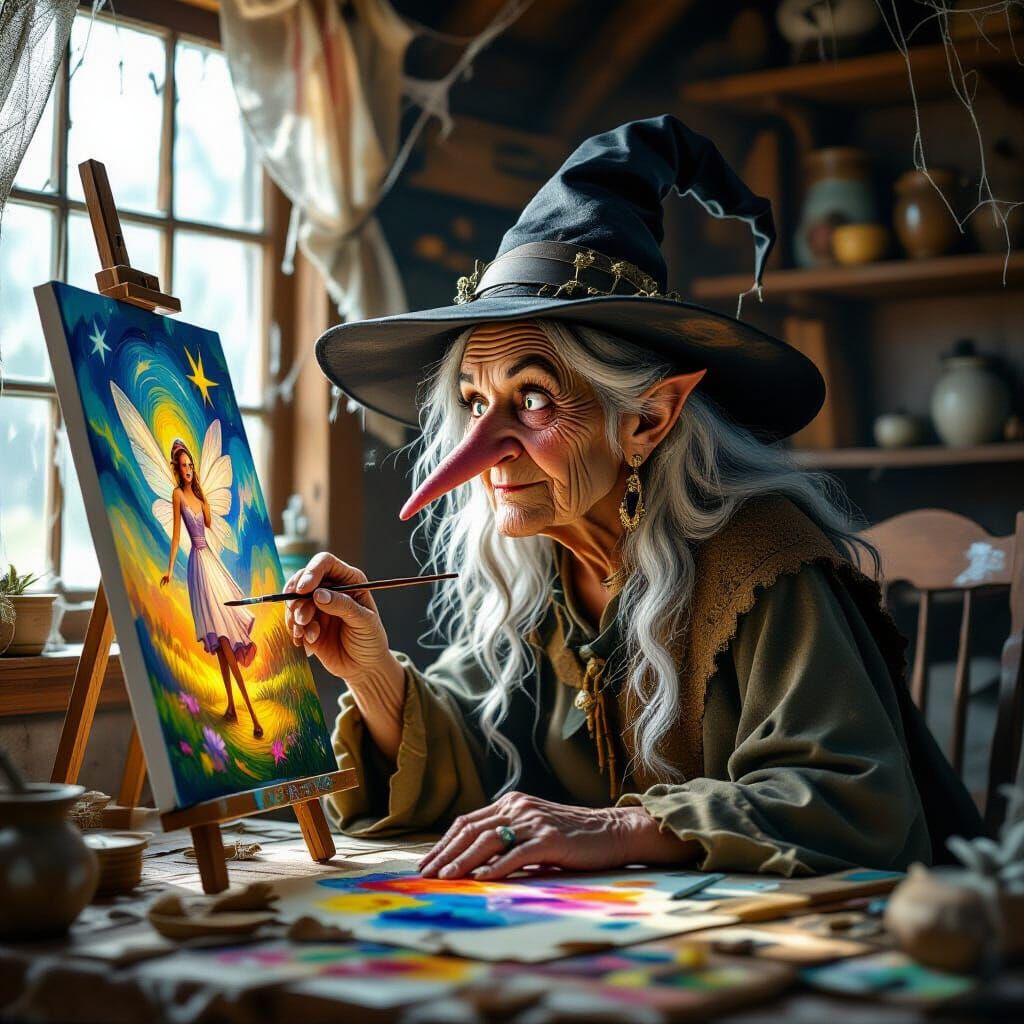 Ugly Witch Paints Fairy Tale in Dusty Cottage