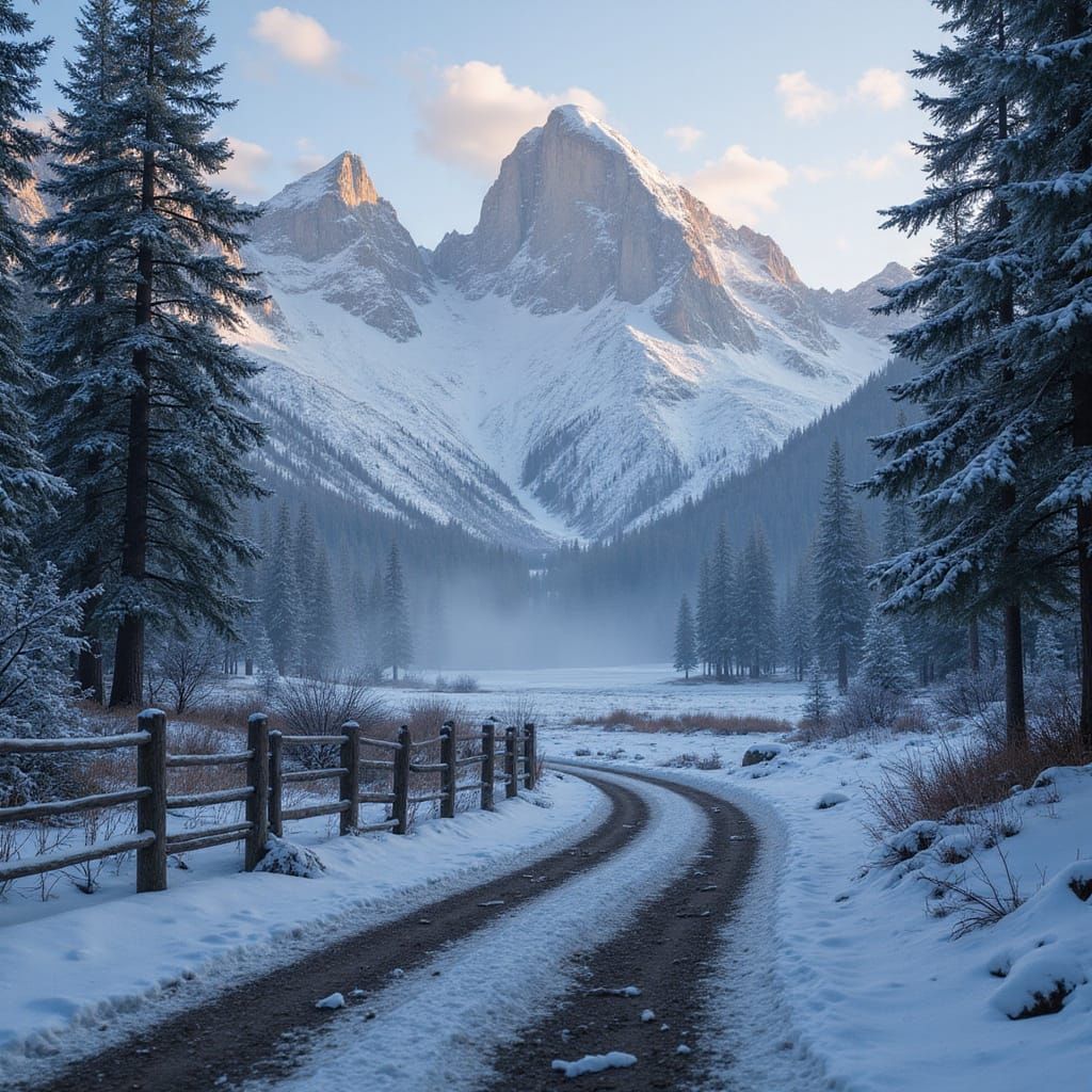 Winter Mountain Forest Sunrise with Dilapidated Fence