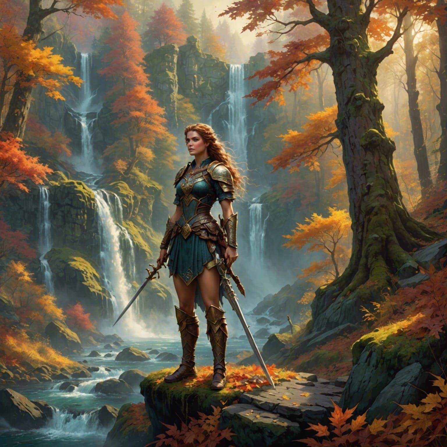 Fae Warrior in Autumn Forest, Ethereal Fantasy Art