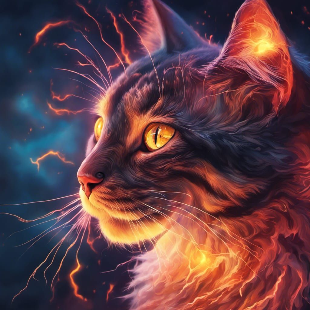 Mystical Cat with Lightning and Flames in Splash Art
