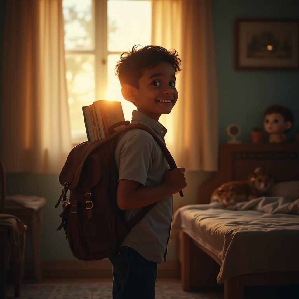 Bright-Eyed Boy Prepares for School in Cinematic Style