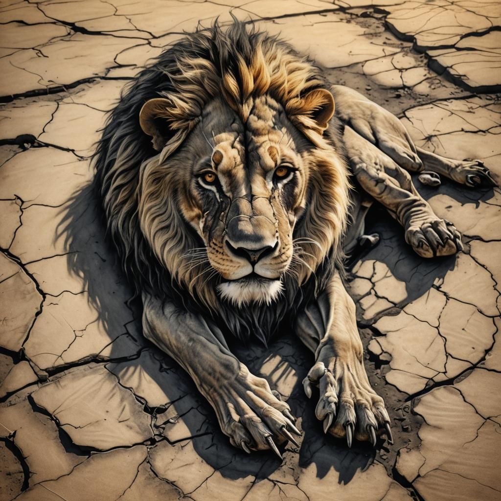 Hyperrealistic Charcoal Lion Skull in Golden Desert Light