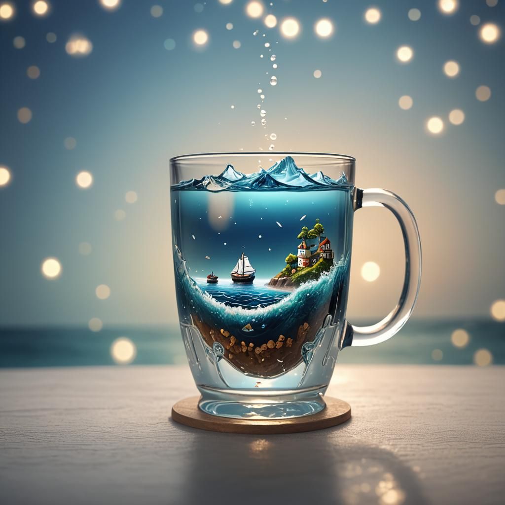 Isometric Sea Inside a Glass Mug with Ship