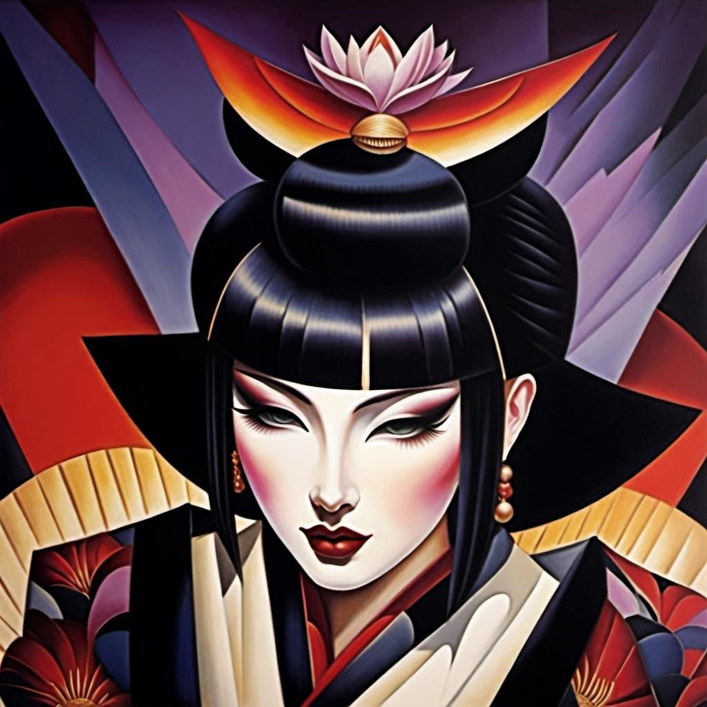 Geisha in Cubism Style with Lotus Flowers