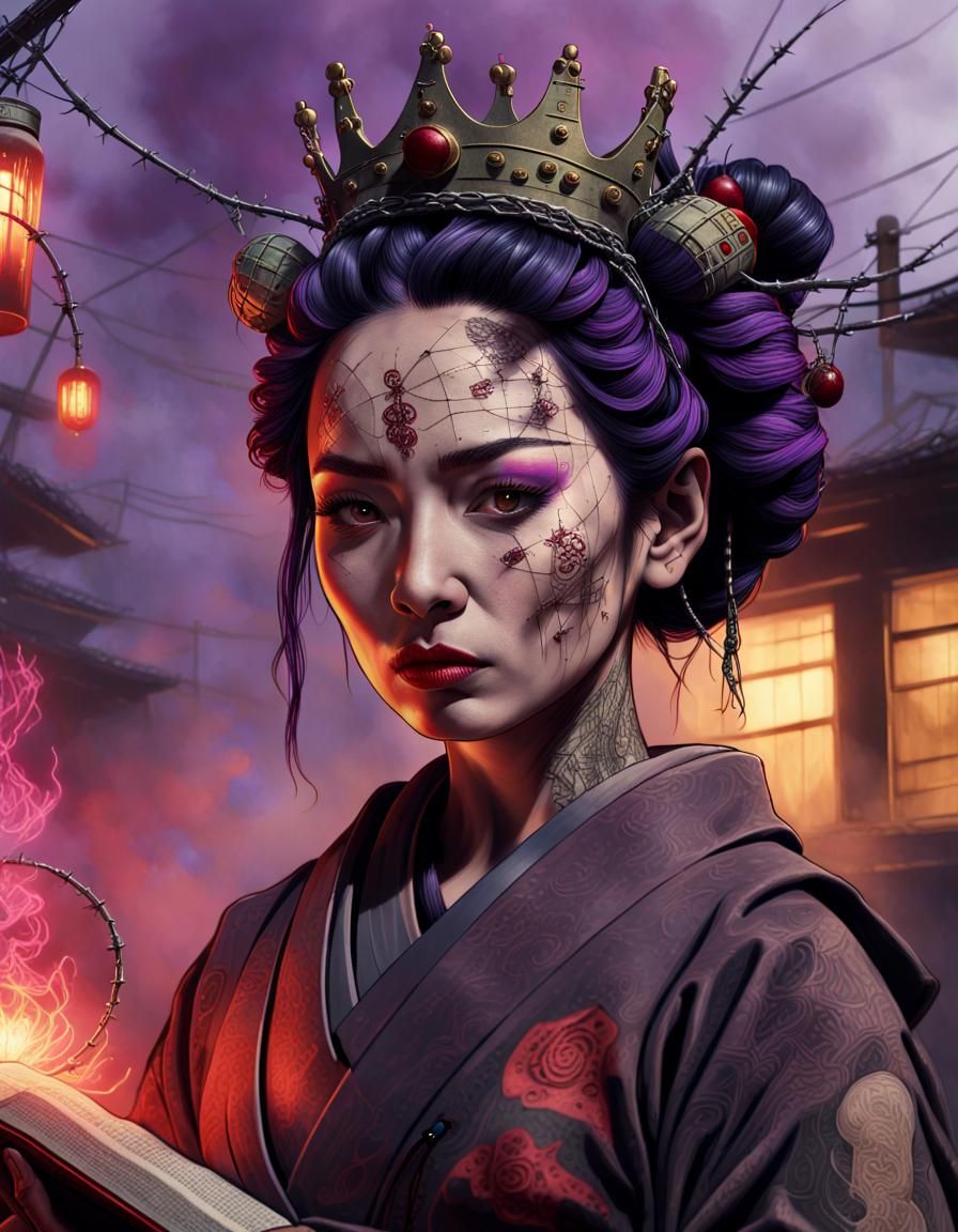 Latina Geisha with Tattoos: Hyperrealistic Digital Art