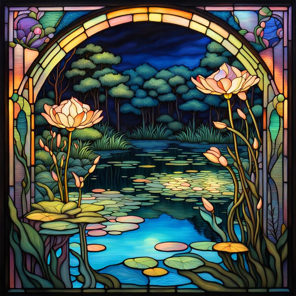 Fairies Floating Over Pond with Art Nouveau Style