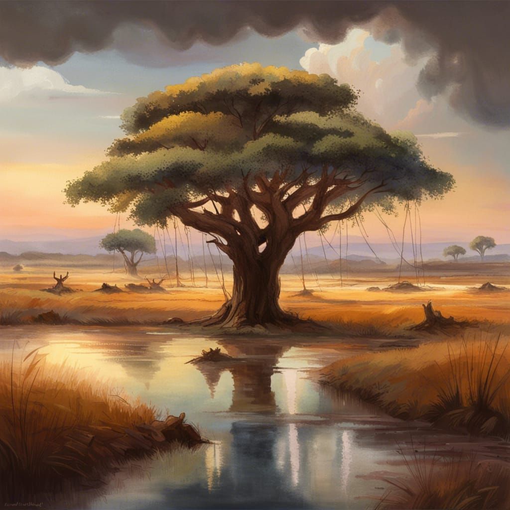 Ethiopian Savannah Townscape Watercolor Painting