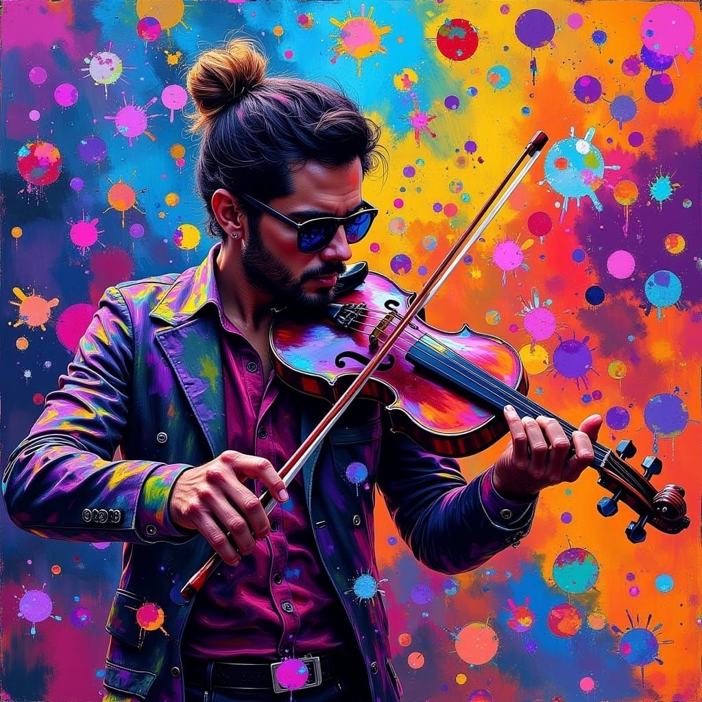Electric Violinist in Vibrant Graffiti Art Style