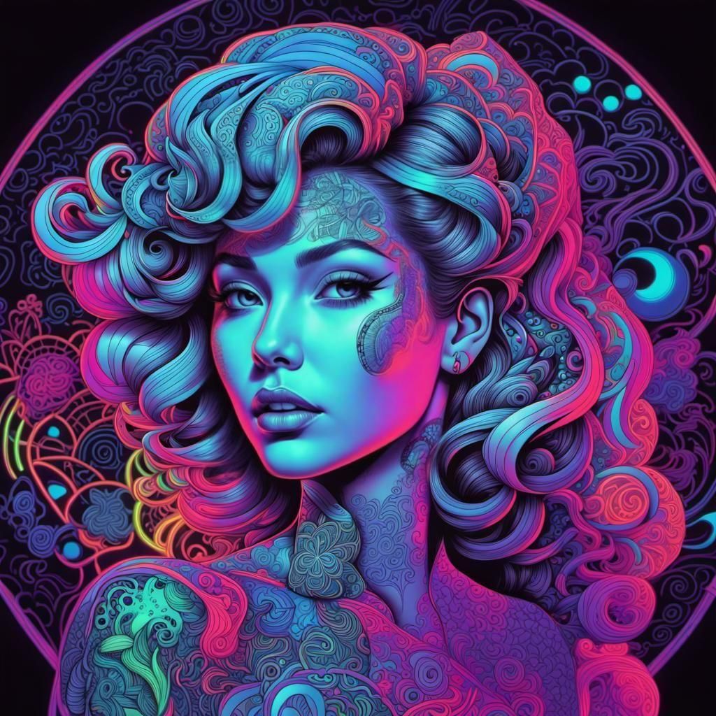 Neon Pin-Up Portrait in Groovy Psychedelic Style