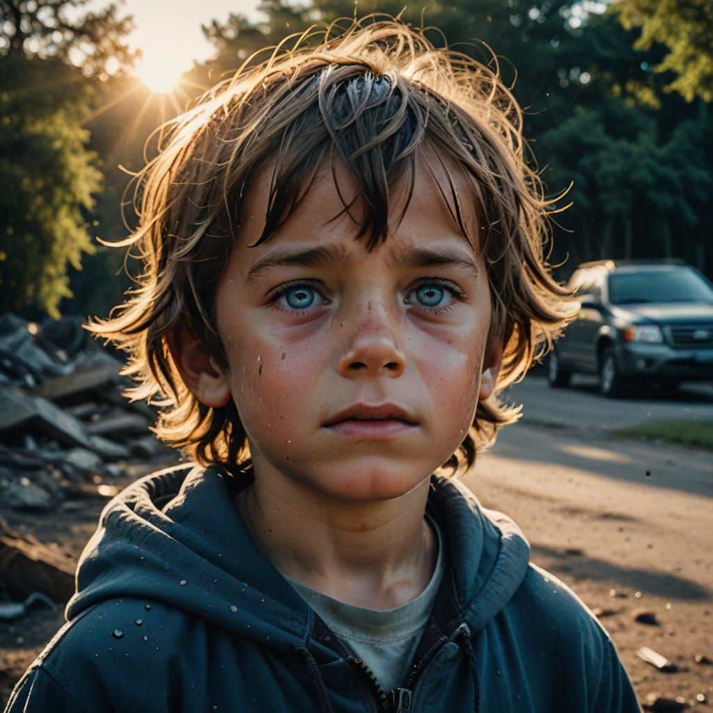 Boy Crying Over Exploding Sun Reflection