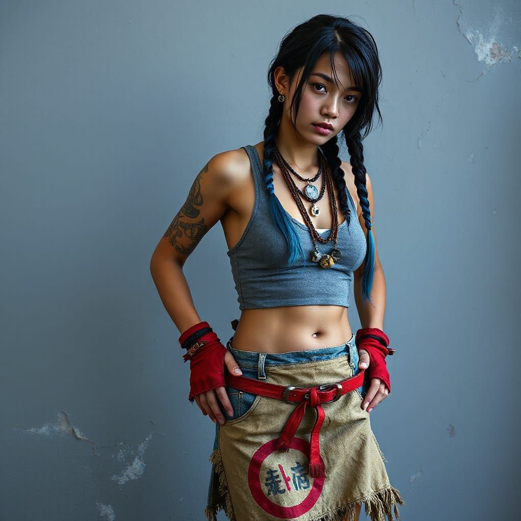 Gaunt Tibetan Woman with Tattoos in Post-Apocalyptic Style