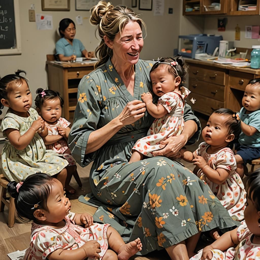 Warm Daycare Scene in Whimsical Illustration Style