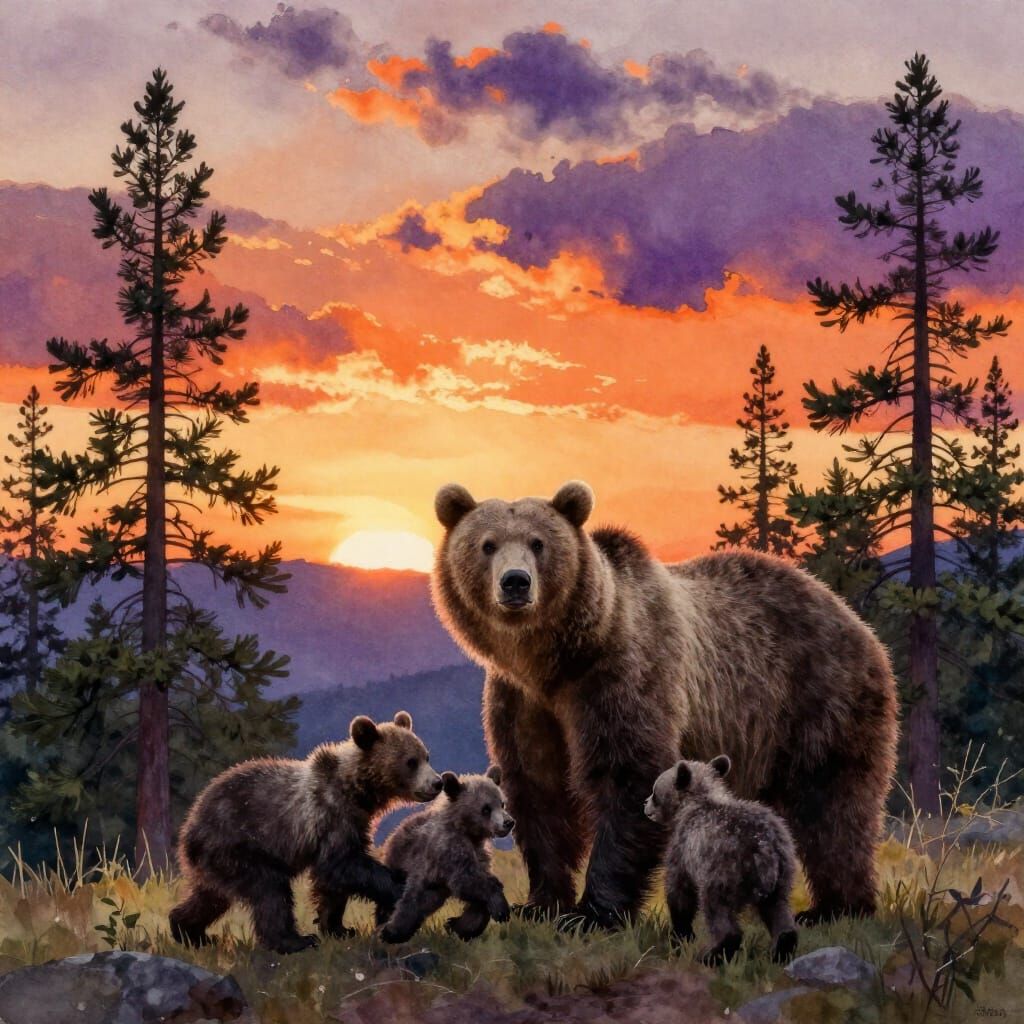 Mother Bear and Cubs at Sunset in Rockies