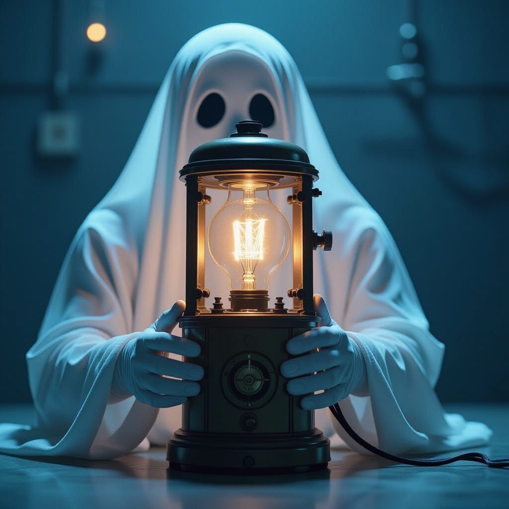 Ghostly Figure with Retrofuturistic Electricity Device