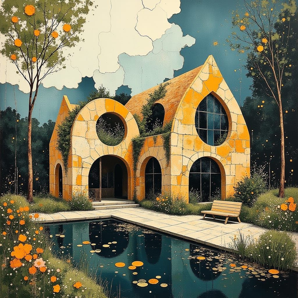 Whimsical Cob Home in a Vibrant Garden Scene, as Impressioni...