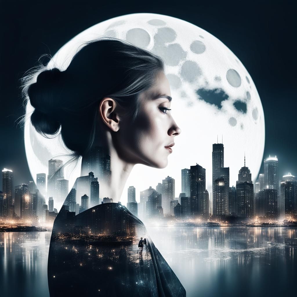 Double Exposure: Woman and Mesmerizing Cityscape