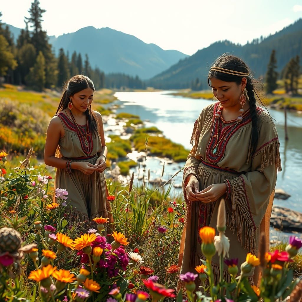 Native American Women in a Lush Montana River Landscape