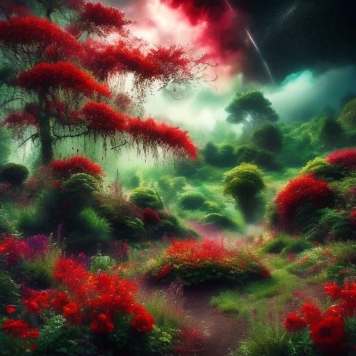 Fantasy Floral Landscape with Starry Sky