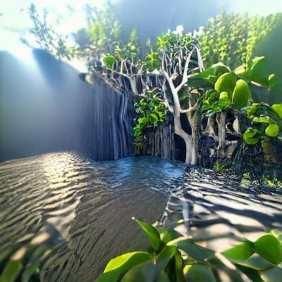 Lush Mangrove Jungle Waterfall in 3D Rendering