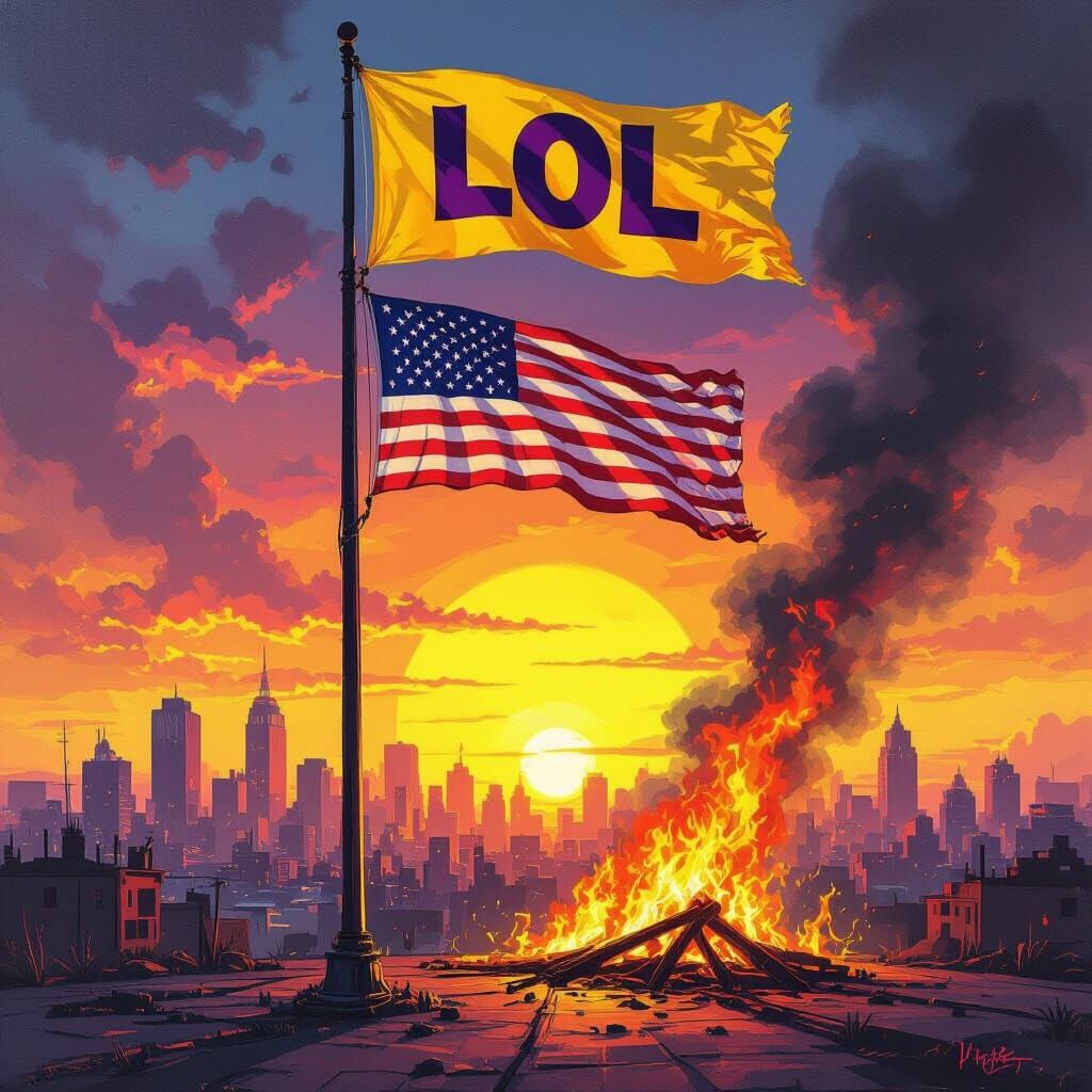 Burning American Flag in Synthwave Sunset Oil Painting