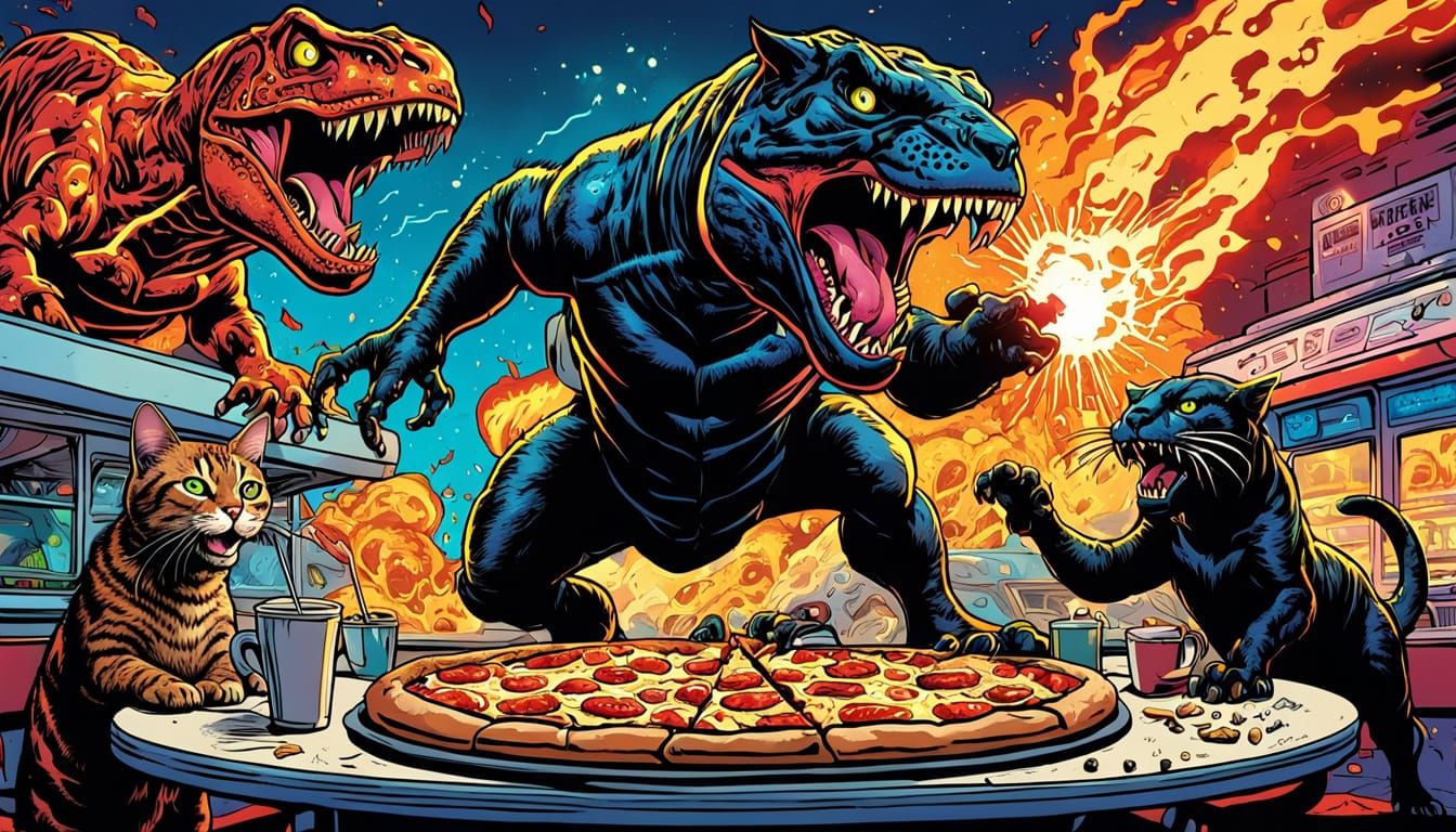 Cat, Panther, and T-Rex Team Up in Comic Art