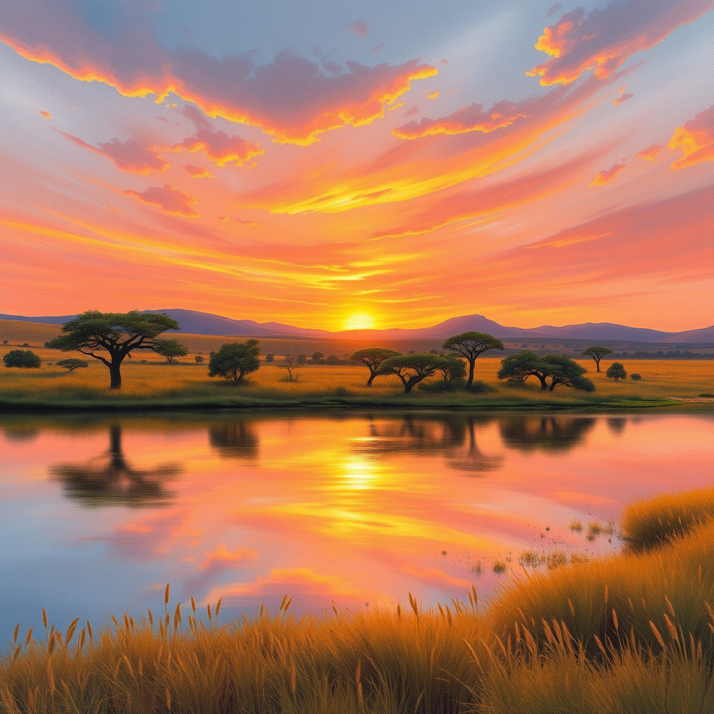 African Savanna Sunset Landscape in Expressive Palette