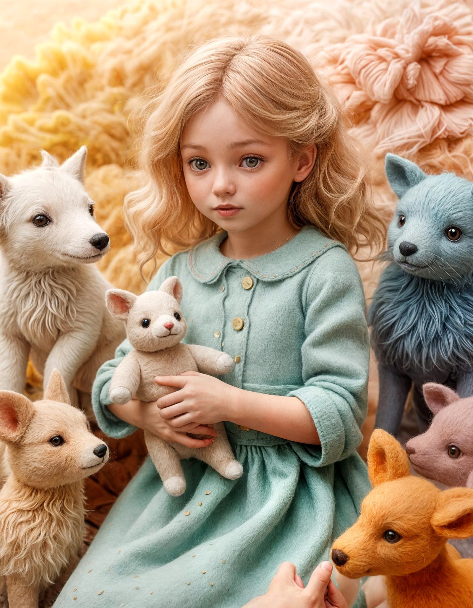 Girl Surrounded by Felted Animal Friends