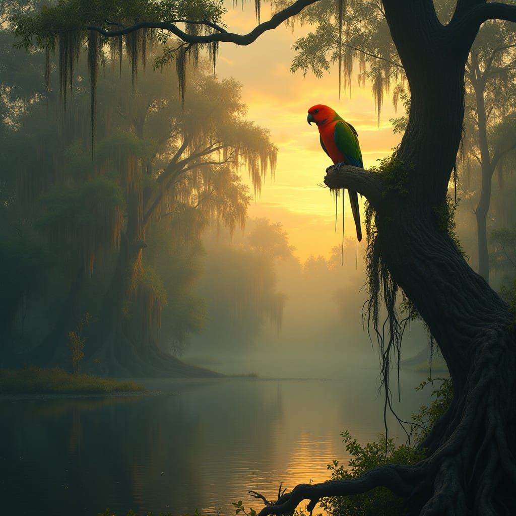 Majestic Carolina Parakeet in Primeval Swamp
