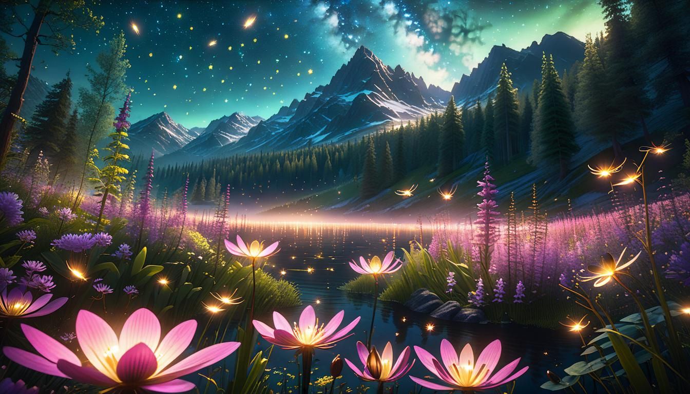 Springtime Dusk Sky with Glowing Fireflies