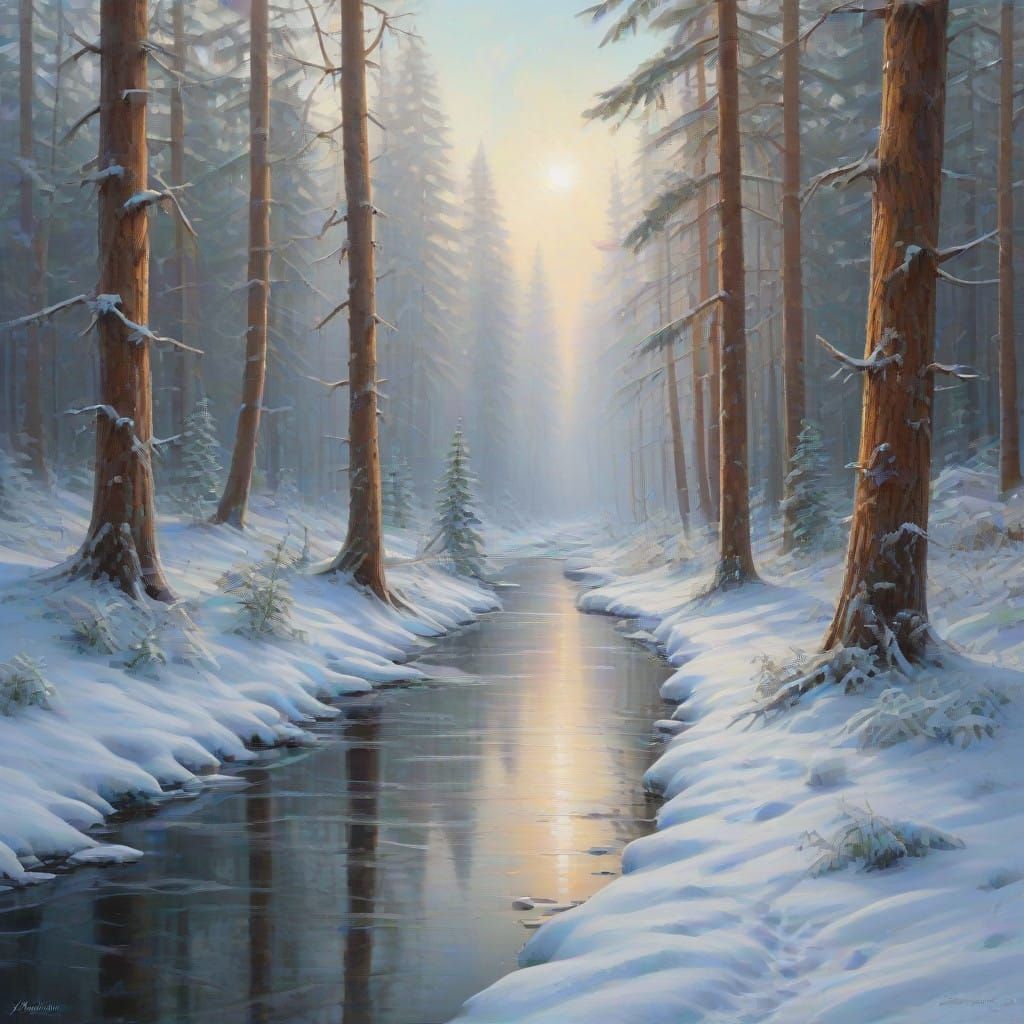 Snowy Forest Path in Frosty Morning Light