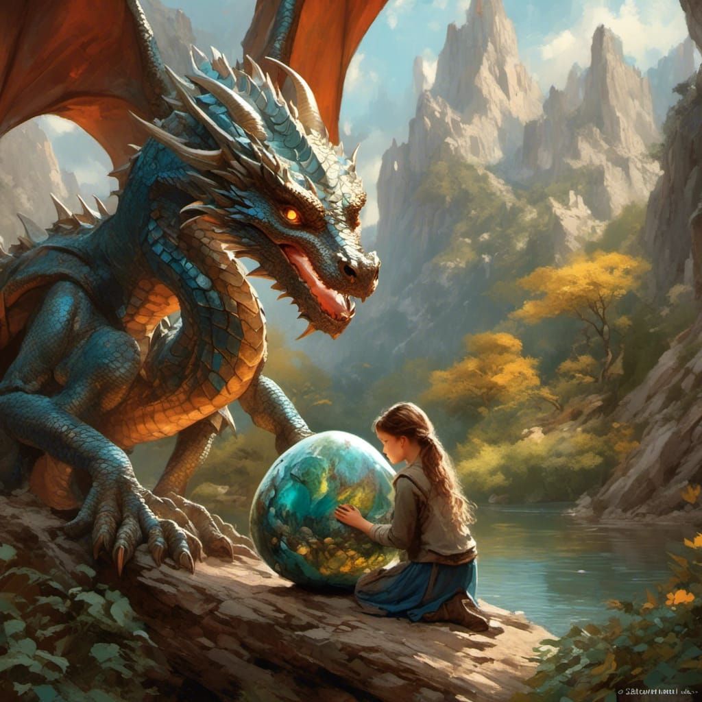 Girl and Hatching Dragon Egg With Baby Dragon