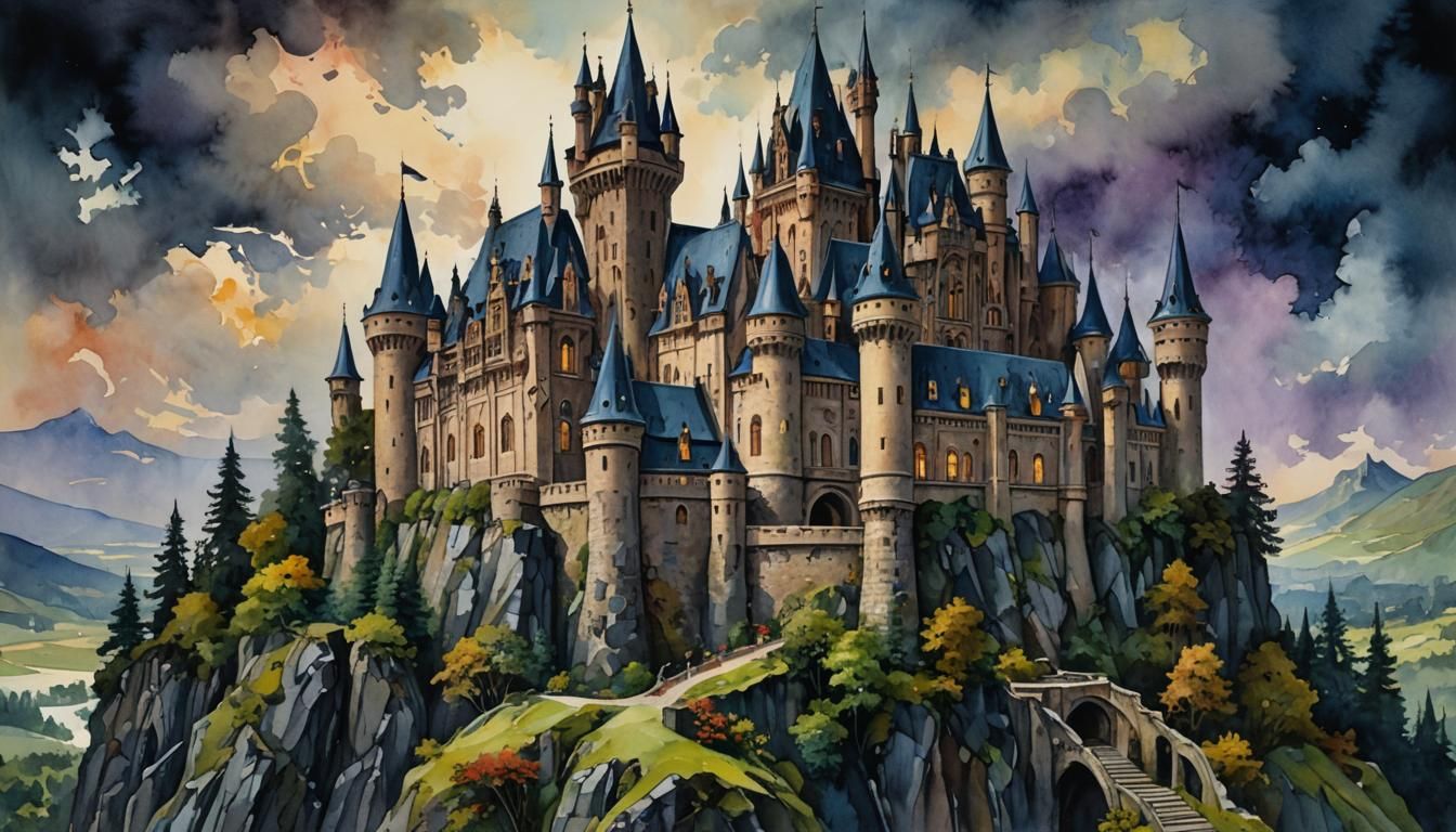 Romantic Dark Fantasy Castle in Gouache Impressionism