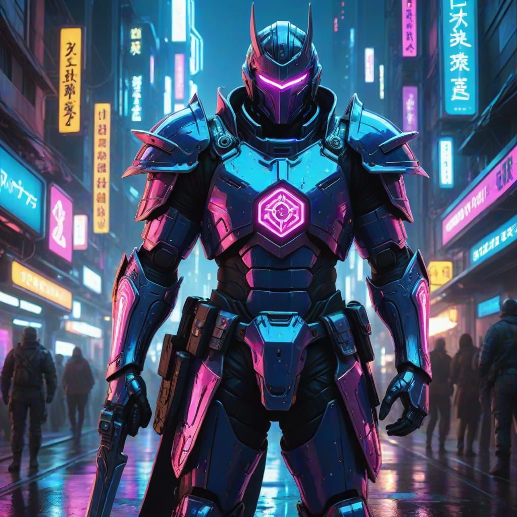 Cyberpunk Knight in Neon Cityscape