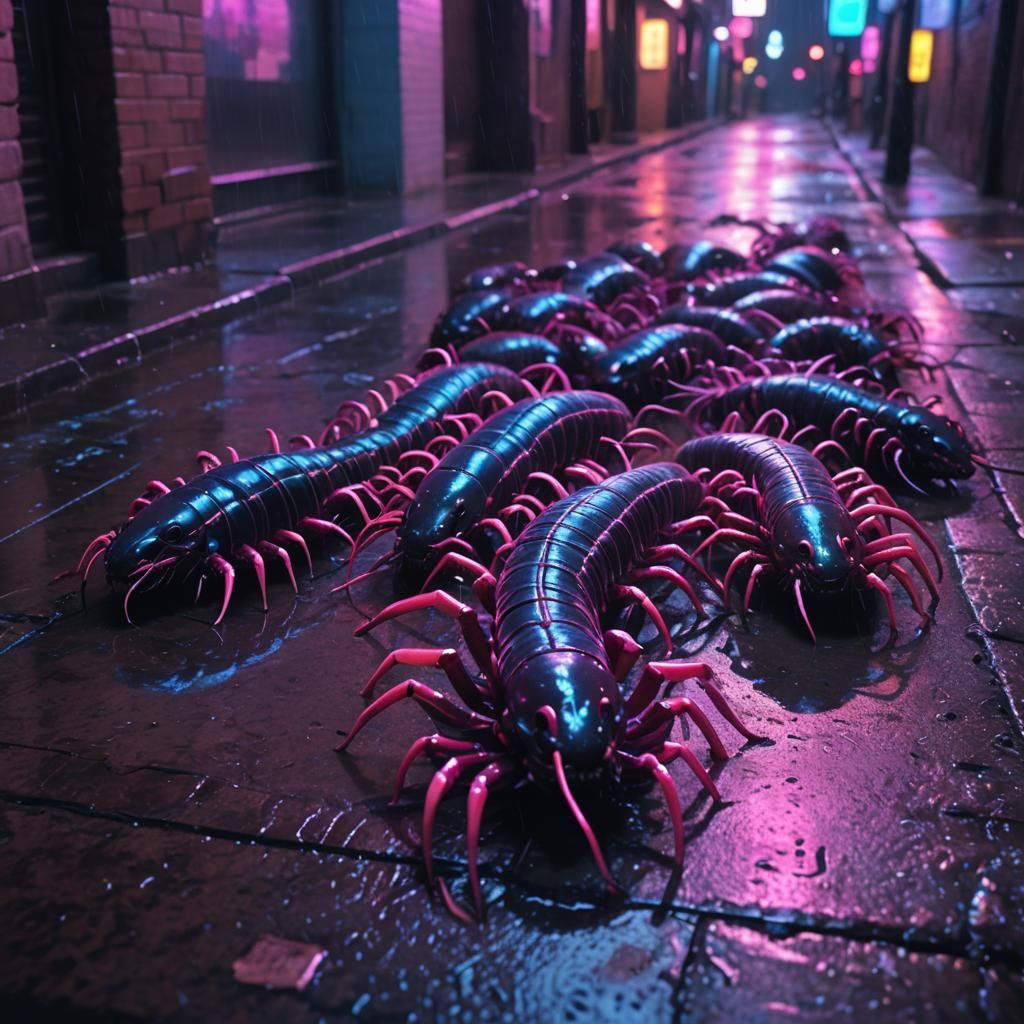 Giant Centipedes Crawling in Neon Noir Alleyway