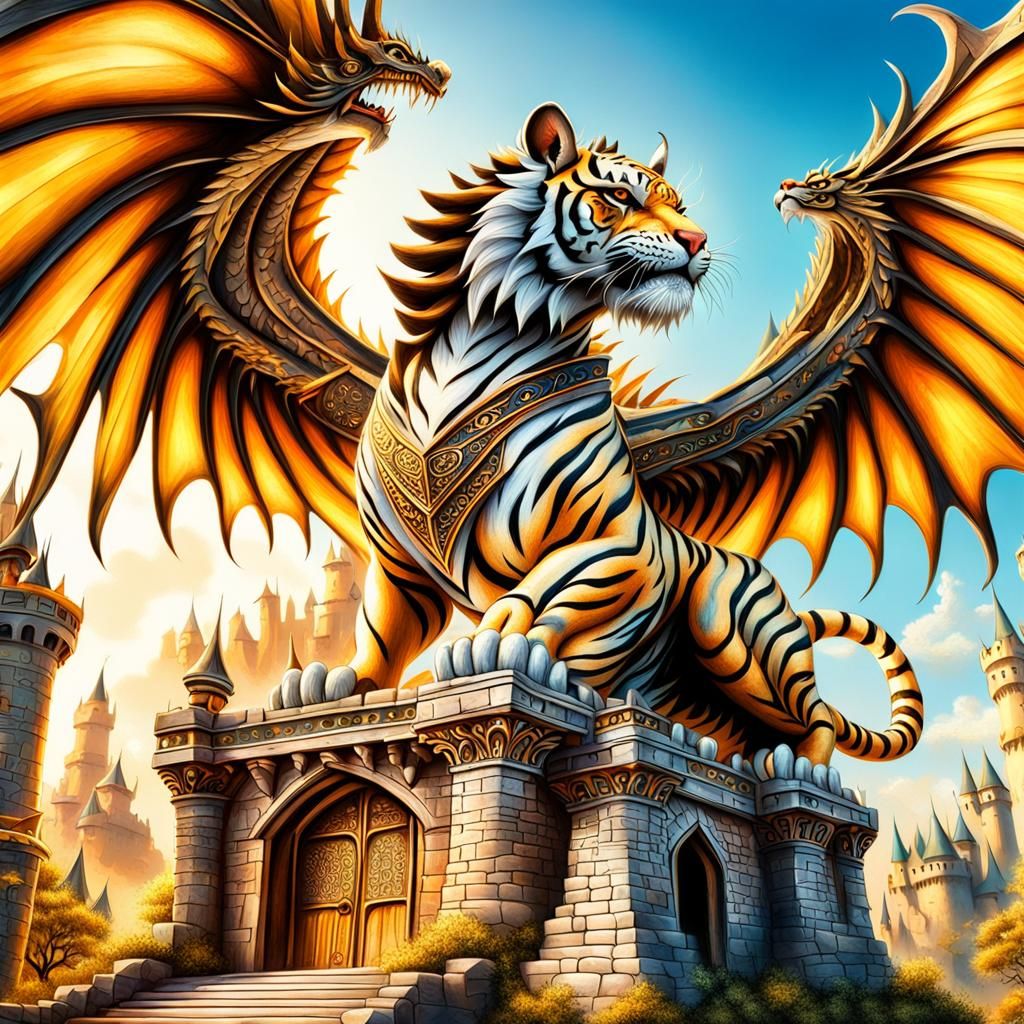 Ornate Tiger Dragon Hybrid with Castle