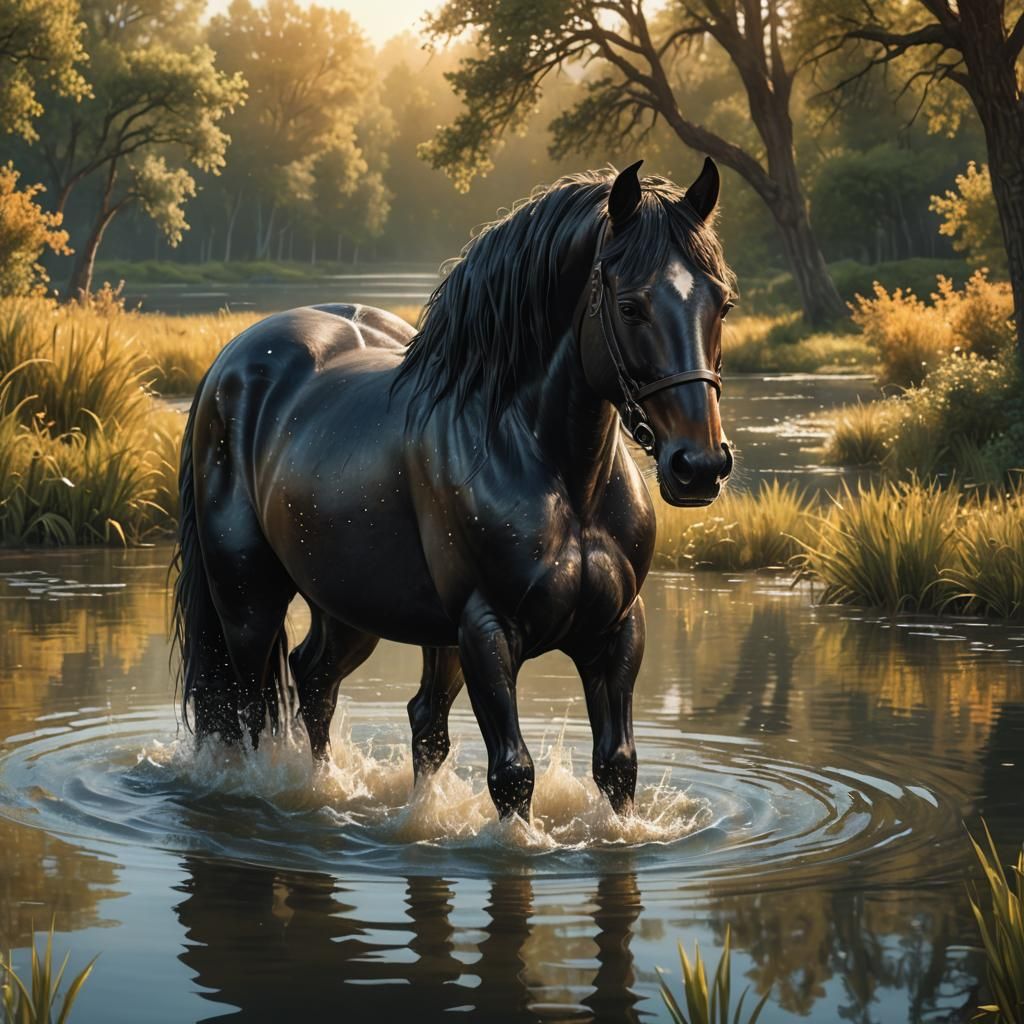 Black Horse Drinking From Serene Lake