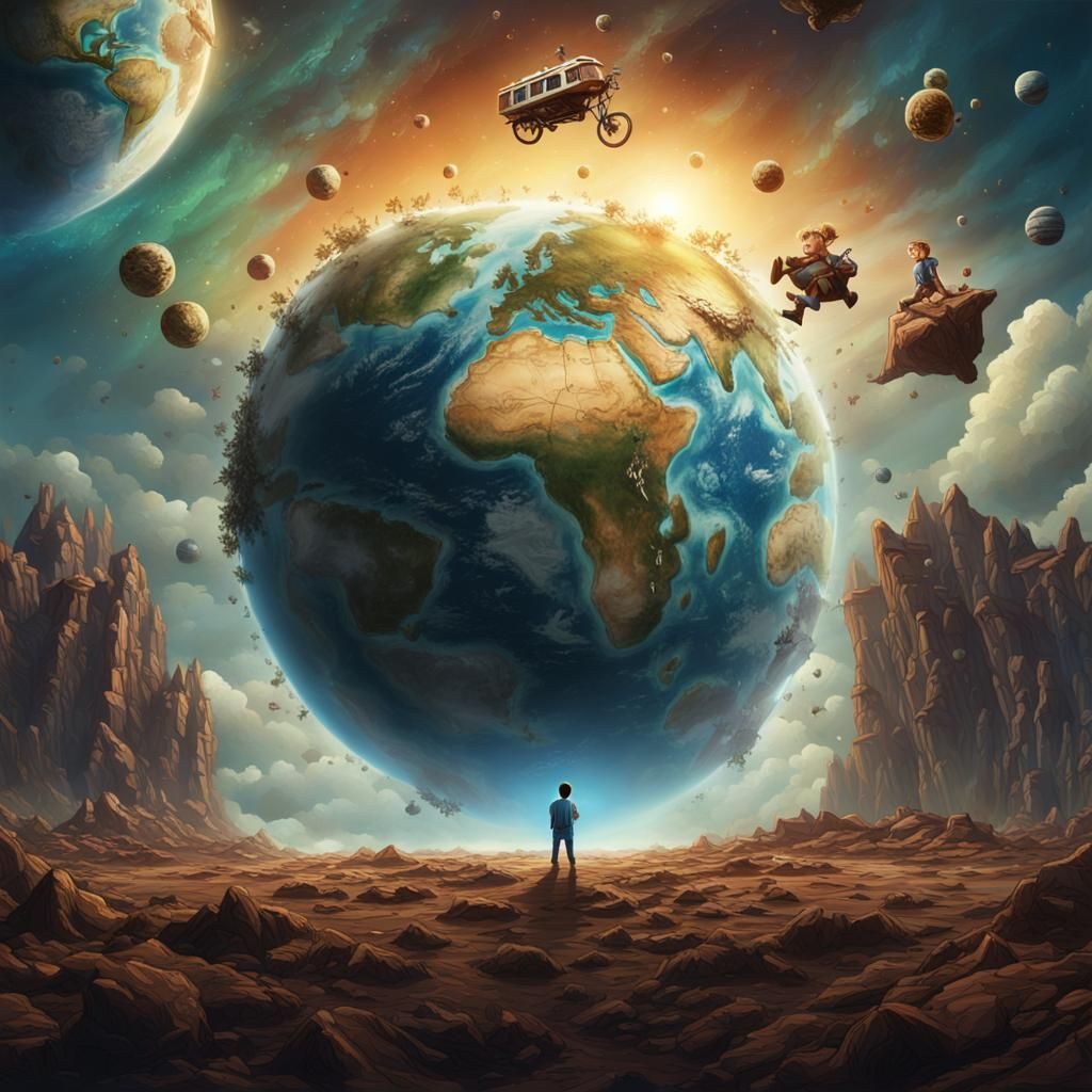 Giant Boy Stands on Earth: Detailed Digital Art