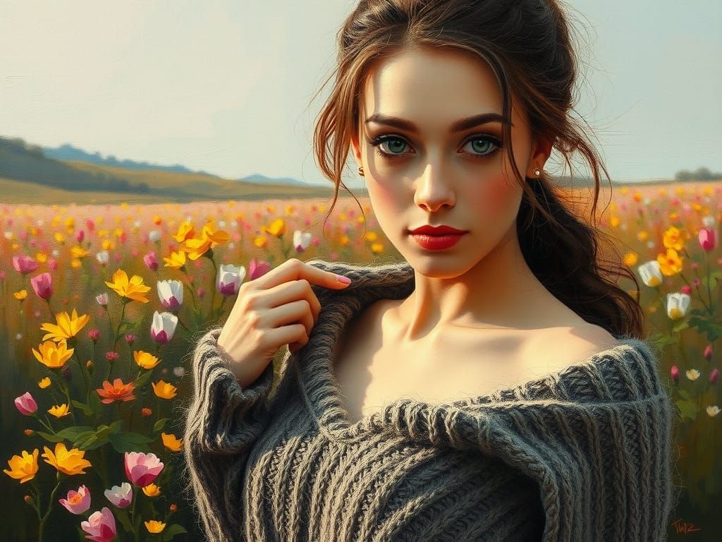 Romantic Woman in Spring Landscape: Oil Painting