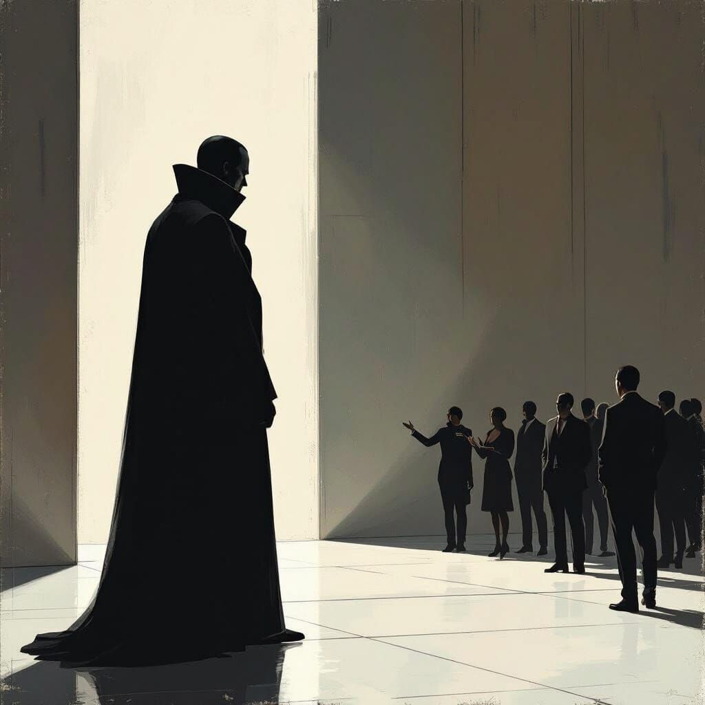 Shadowy Figure Observes People in Futuristic Style