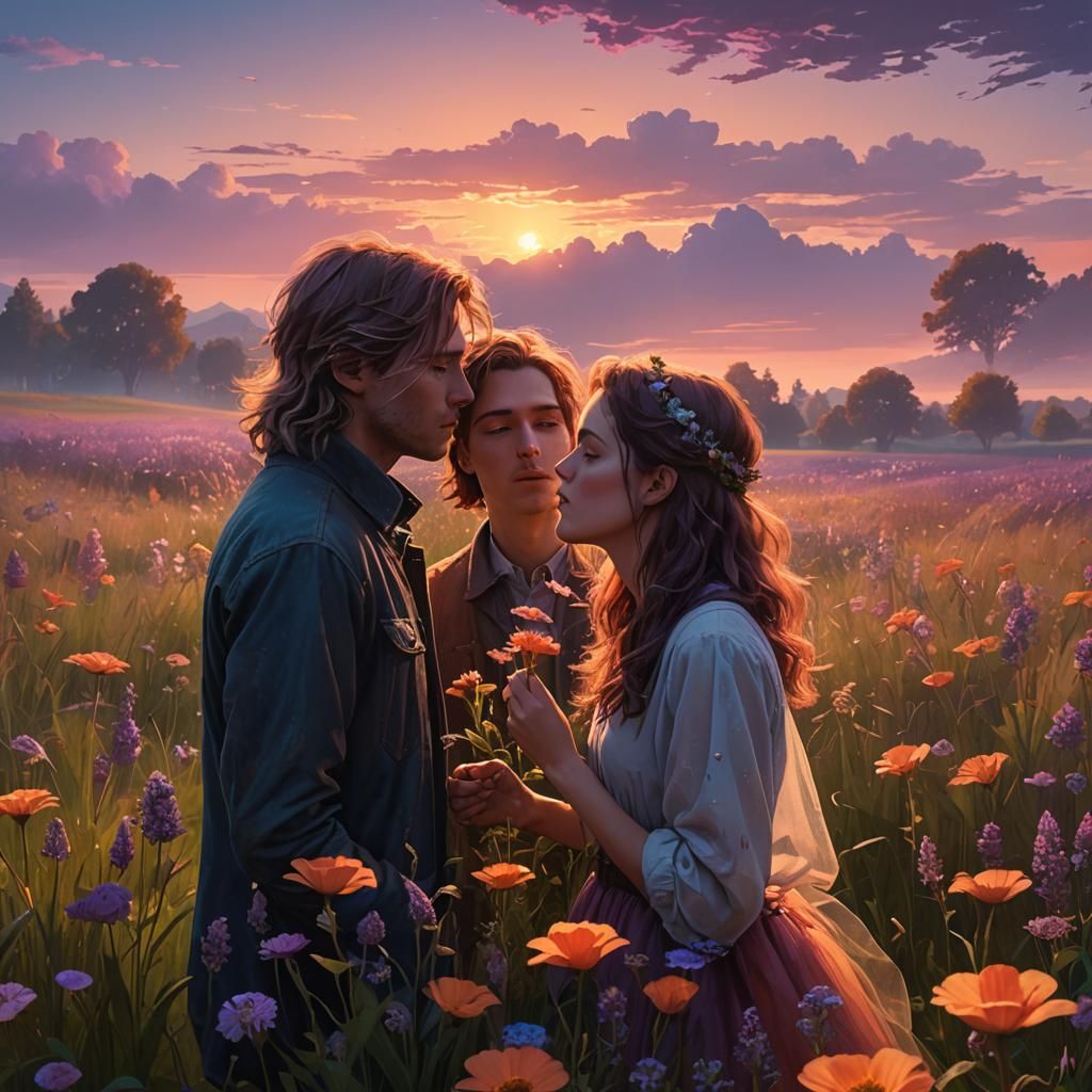 Romantic Kiss in Dreamlike Meadow, Digital Painting