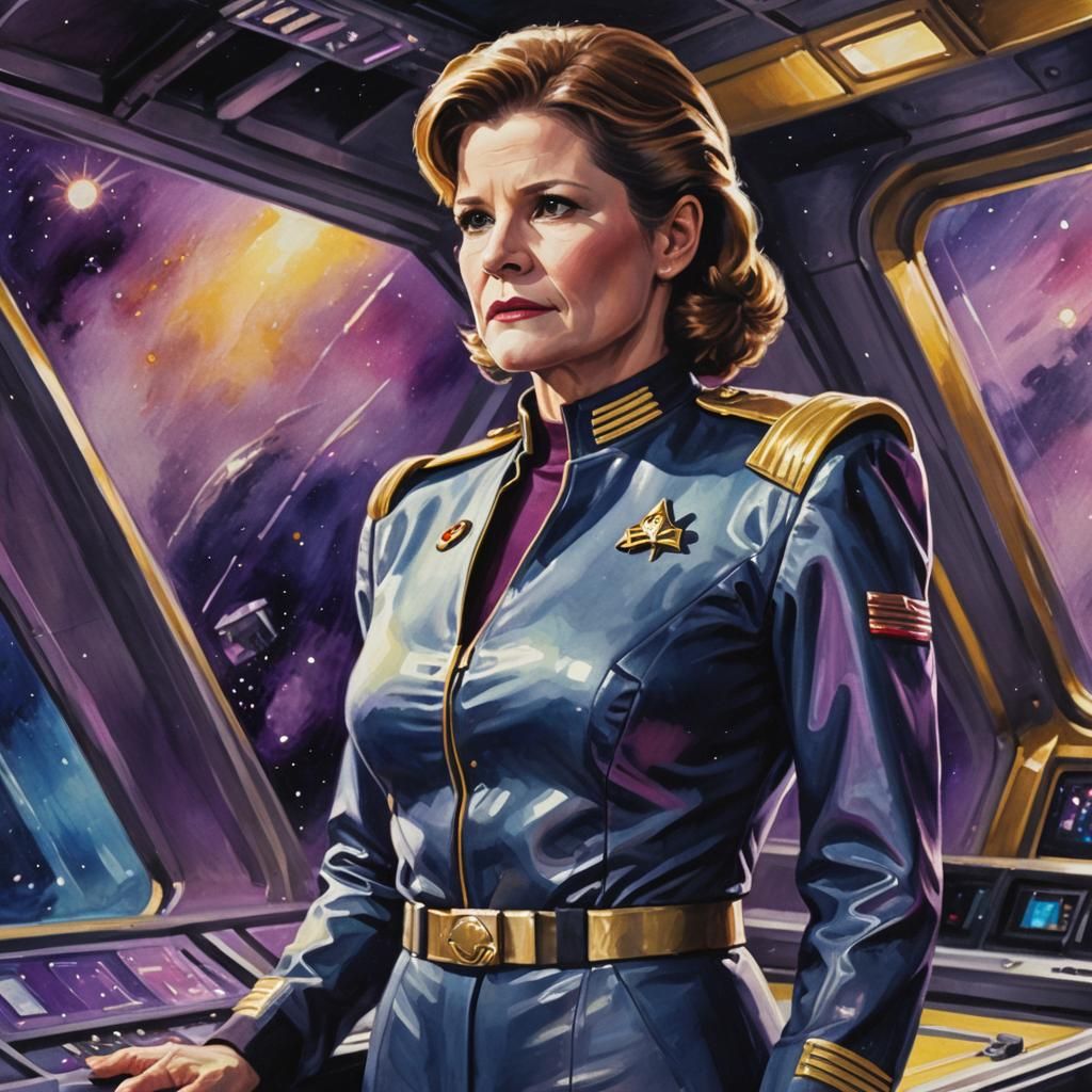 Captain Janeway on Starship Bridge, Oil Painting