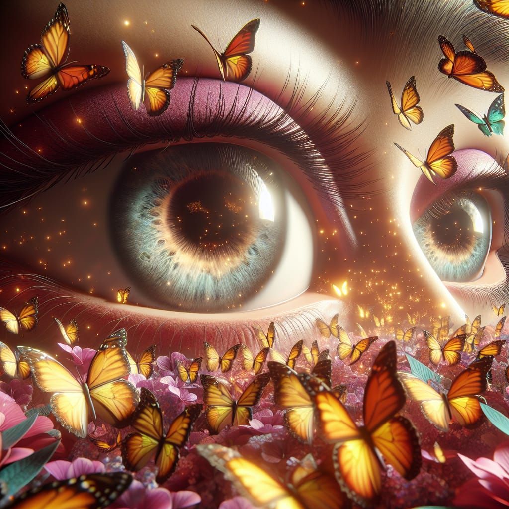 Butterflies Emerge from Smiling Eyes in 3D Game Style