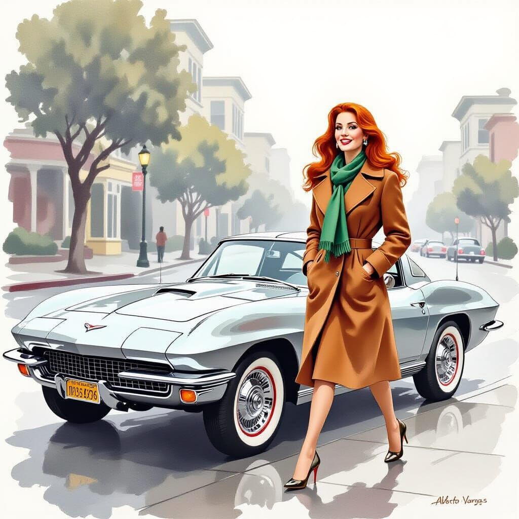 Woman with Corvette Stingray in Impressionistic Watercolor