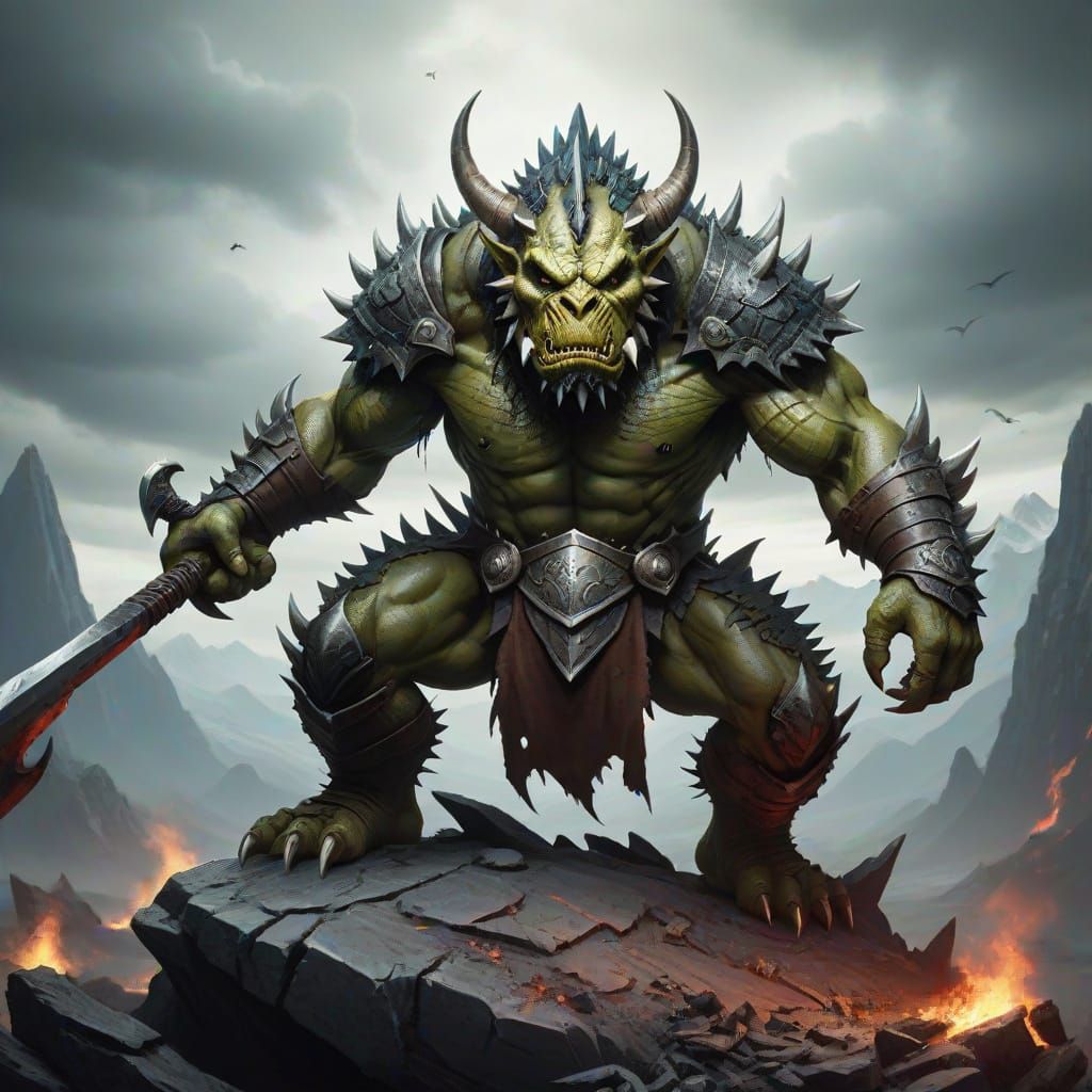 Orc Warrior Stands on Dead Dragon Head