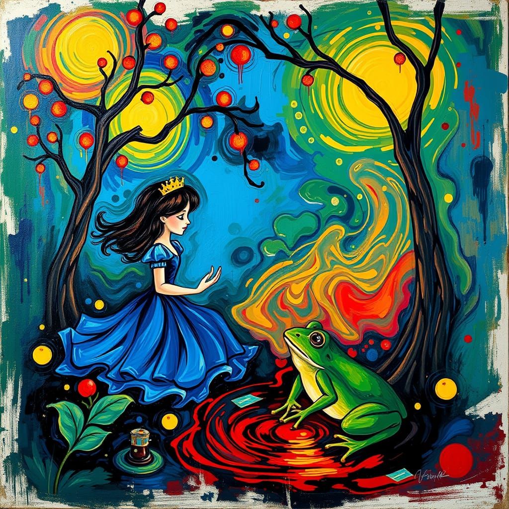 Neo-Impressionist Princess and Frog in Dreamlike Bayou Scene
