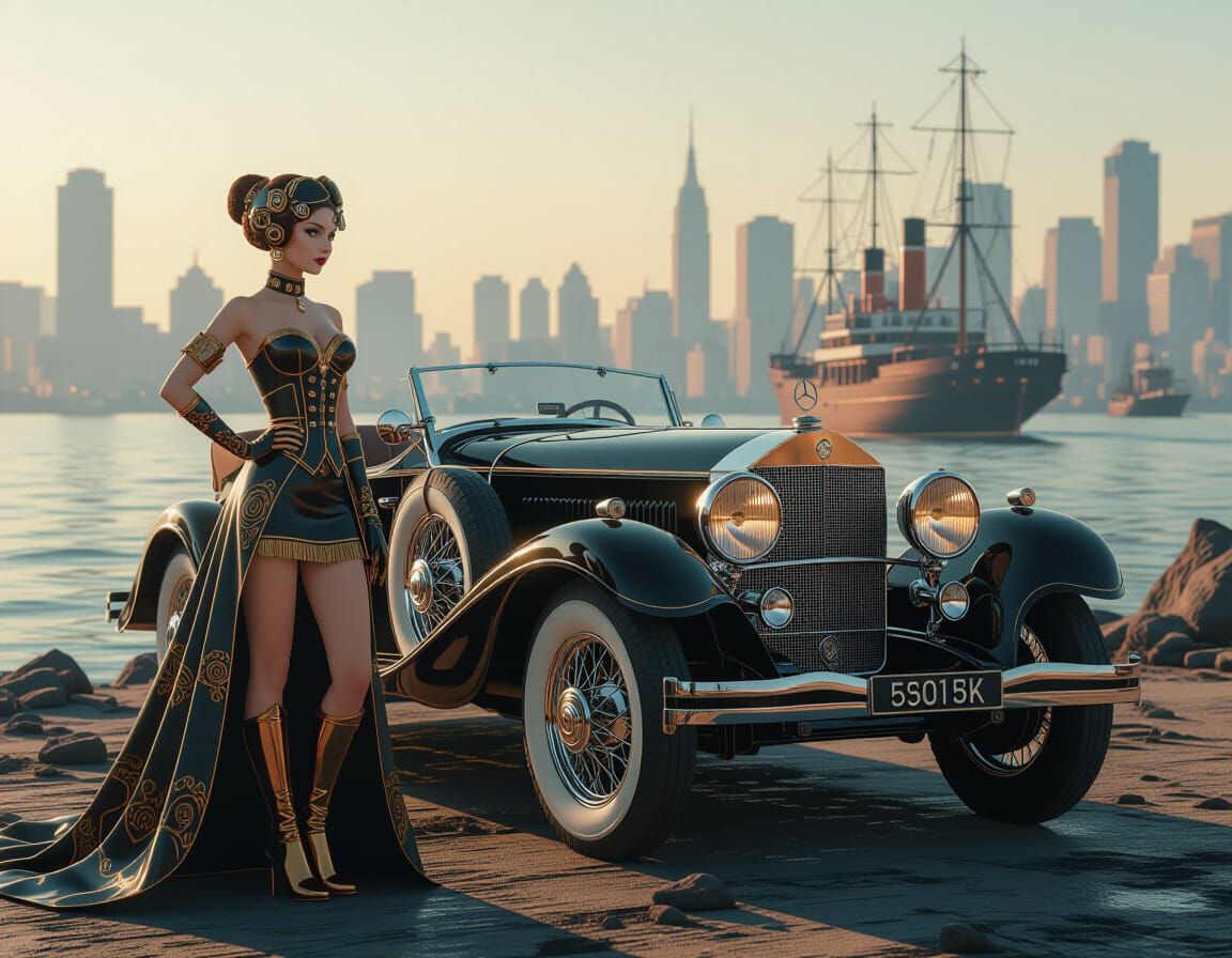 Steampunk Brass Girl Beside Classic Car