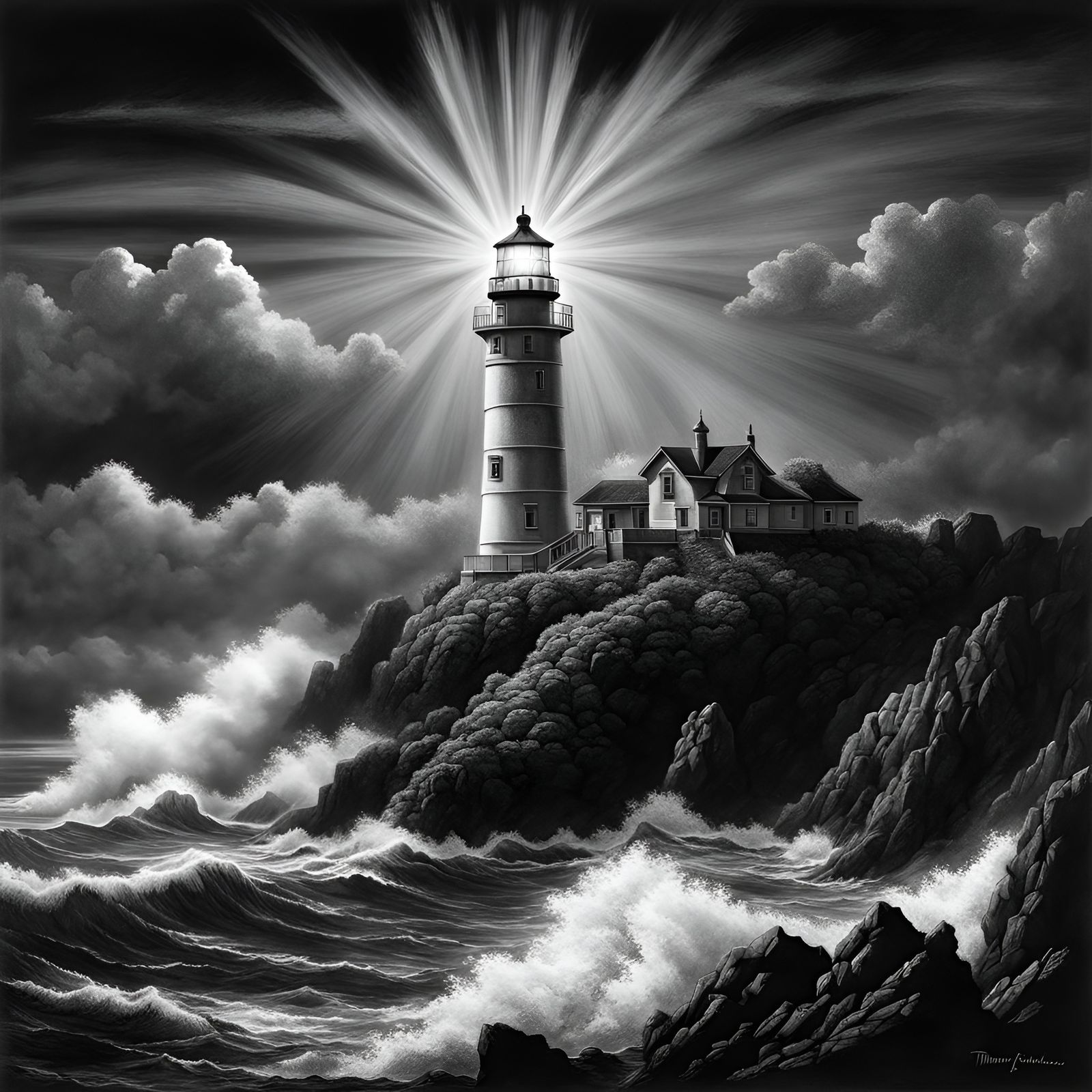 Pacific Lighthouse: Radiant Light in Ink Drawing Style