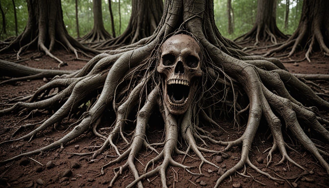 Gnarled Roots Confront Human Remains in Dark Fantasy Landsca...